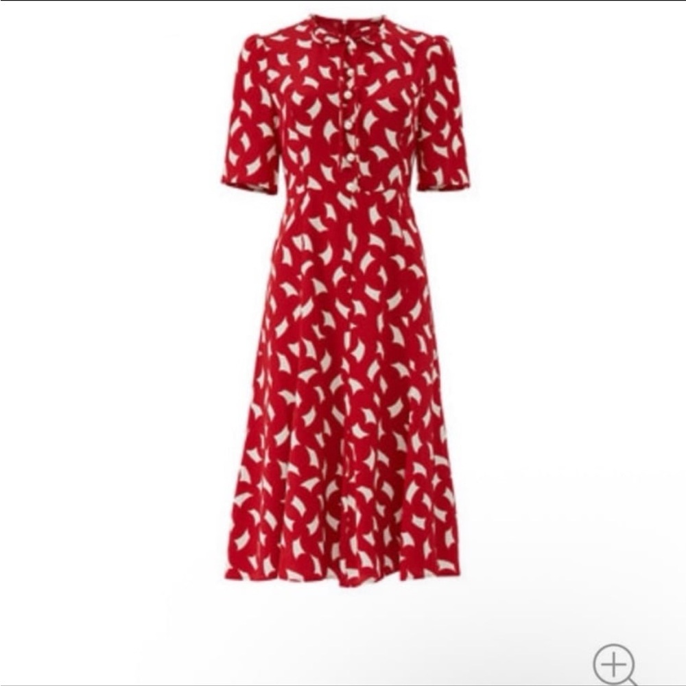 LK Bennett Red and White Printed Midi Dress with Button Front